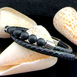 Bracelet 2 rangs en cuir et onyx dépoli 8MM