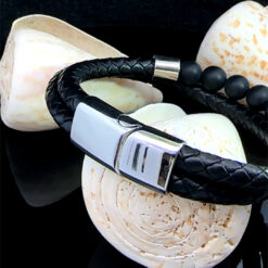 Alternative view of Bracelet 2 rangs en cuir et onyx dépoli 8MM