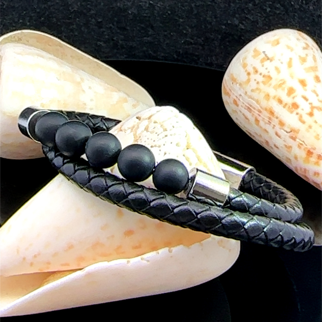 2-strand leather and 8mm matte onyx bracelet