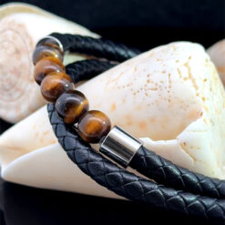 Bracelet 2 rangs en cuir et oeil de tigre 8 MM
