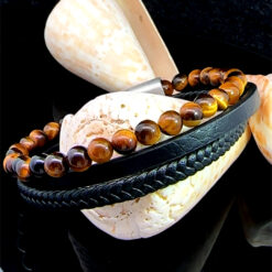 Alternative view of Bracelet 3 rangs en cuir et oeil de tigre 6MM