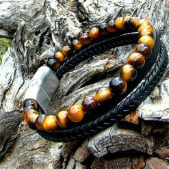 Bracelet 3 rangs en cuir et oeil de tigre 6MM