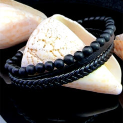 Alternative view of Bracelet 3 rangs en cuir et onyx dépoli 6MM