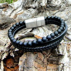 Bracelet 3 rangs en cuir et onyx dépoli 6MM
