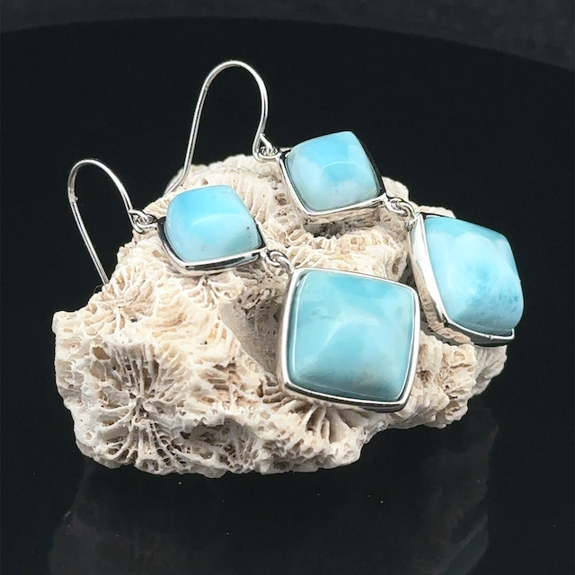 Diamond-shaped larimar and rhodium-plated 925 silver earrings - Image 4