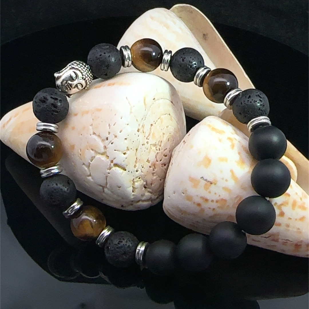 Frosted onyx, tiger’s eye, lava stone and Buddha head bracelet 10 mm - Image 2