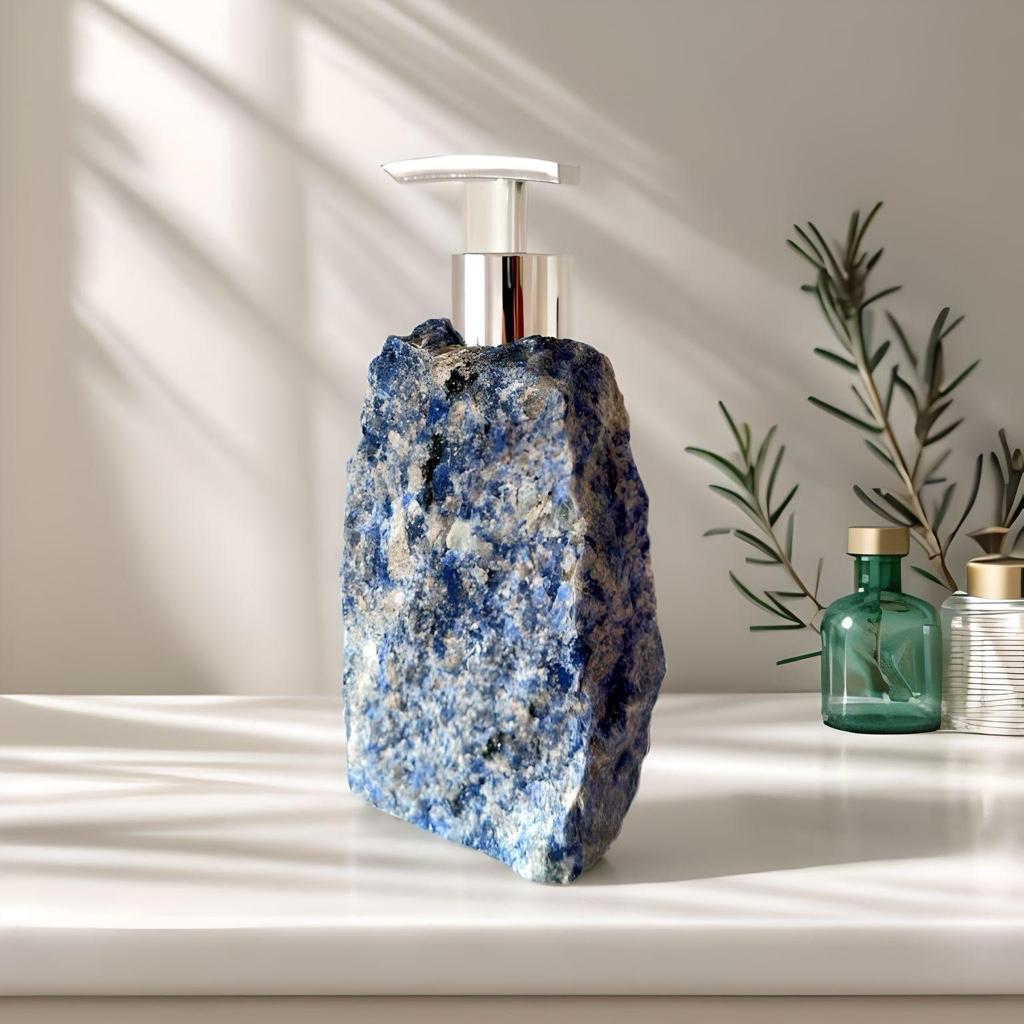Raw sodalite soap dispenser