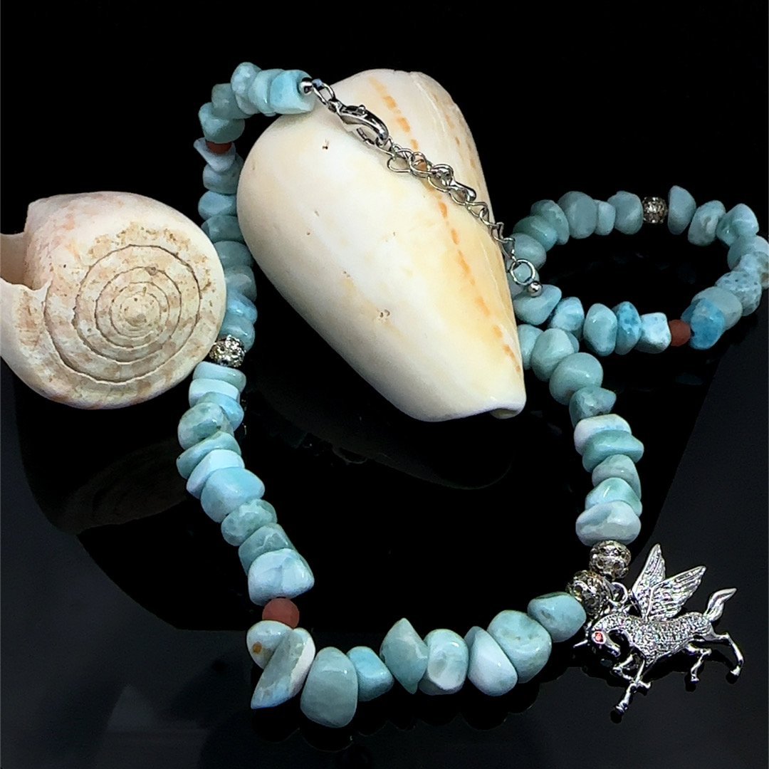 Children's larimar necklace with unicorn pendant