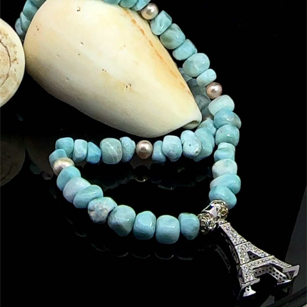 Kids’ larimar necklace with Eiffel Tower pendant