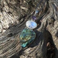 Pendentif 3 pierres labradorite améthyste et pierre de lune