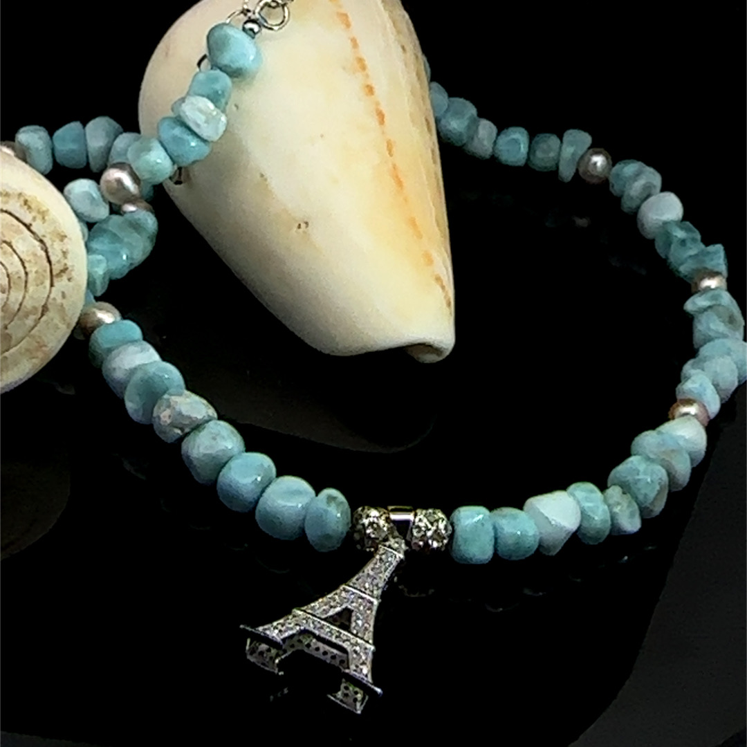 Kids’ larimar necklace with Eiffel Tower pendant - Image 3