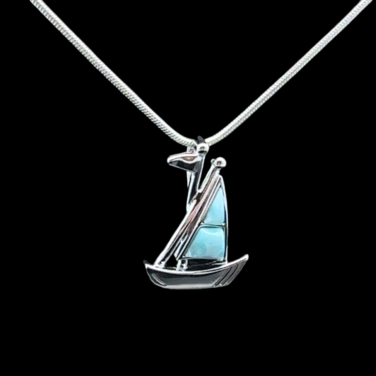 Larimar and rhodium-plated silver sailboat pendant