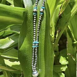 Alternative view of Long necklace in aged silver and turquoise chips