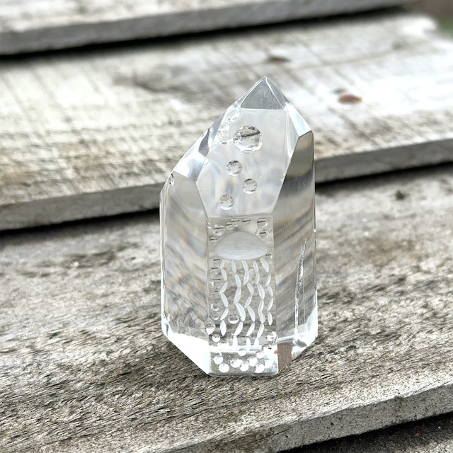 Engraved clear quartz point - jellyfish motif